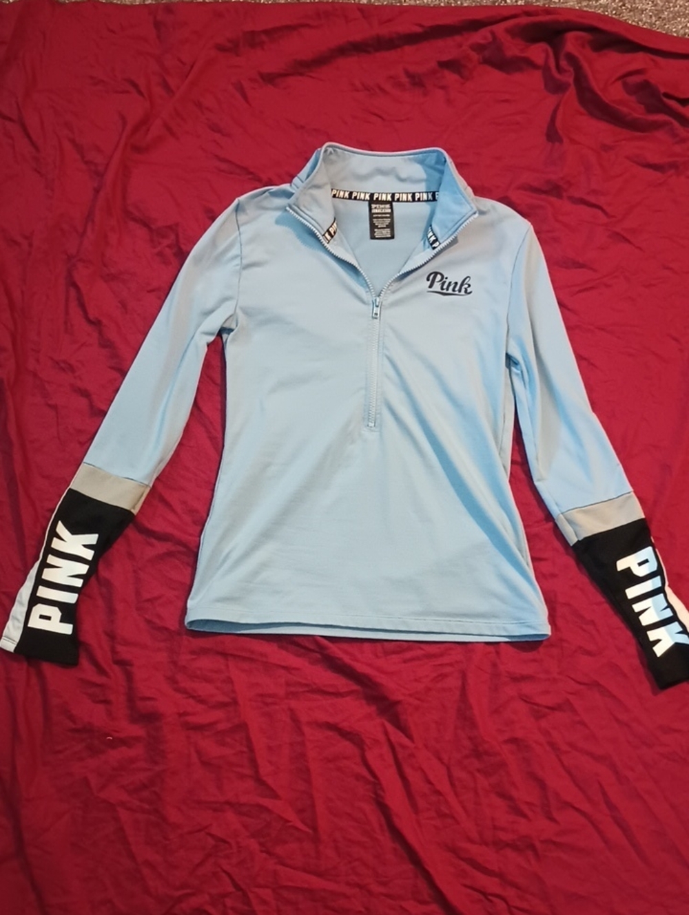 PINK Victoria's Secret Light Blue Half‑Zip Top Black Sleeve Panels Thumb Holes S